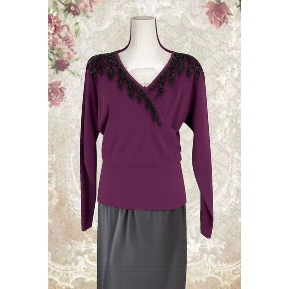 I.B. Diffusion Plum Beaded Wrap Sweater M Dressy Evening Knit Top - Picture 8 of 8